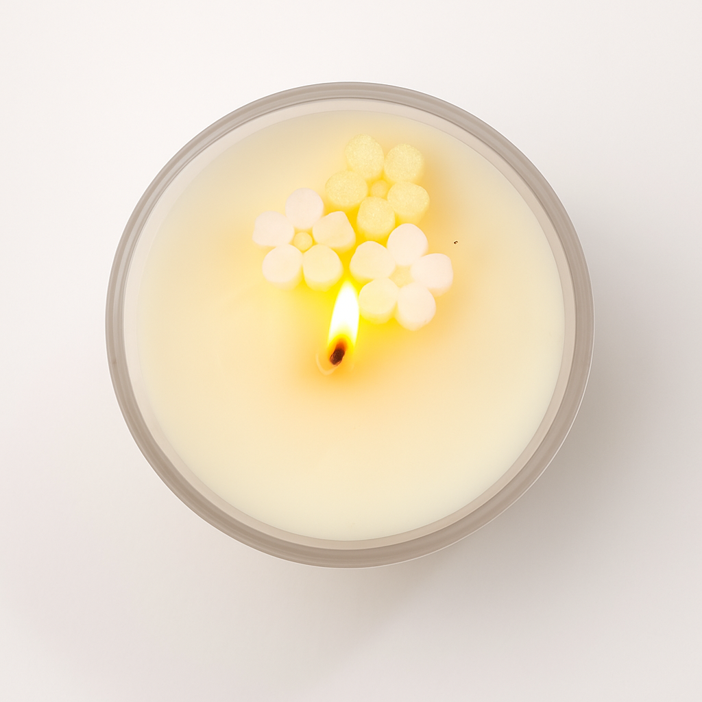 Candle with floral wax and a visible flame on a white background