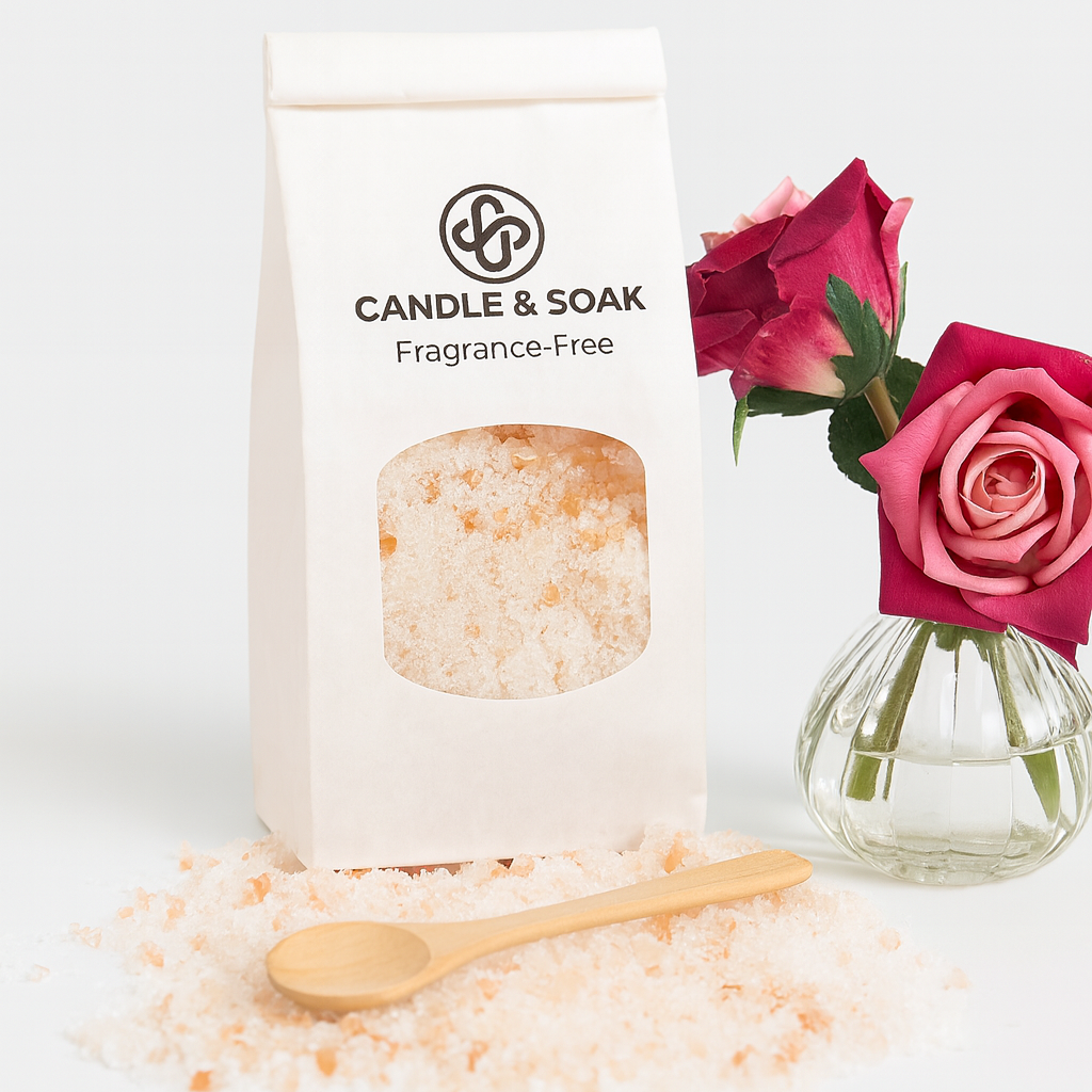 Candle & Soak triple salt soak with pink roses and a wooden spoon on a white background