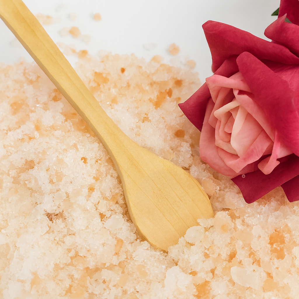 Wooden spoon in a bowl of bath salts with pink roses on a white background