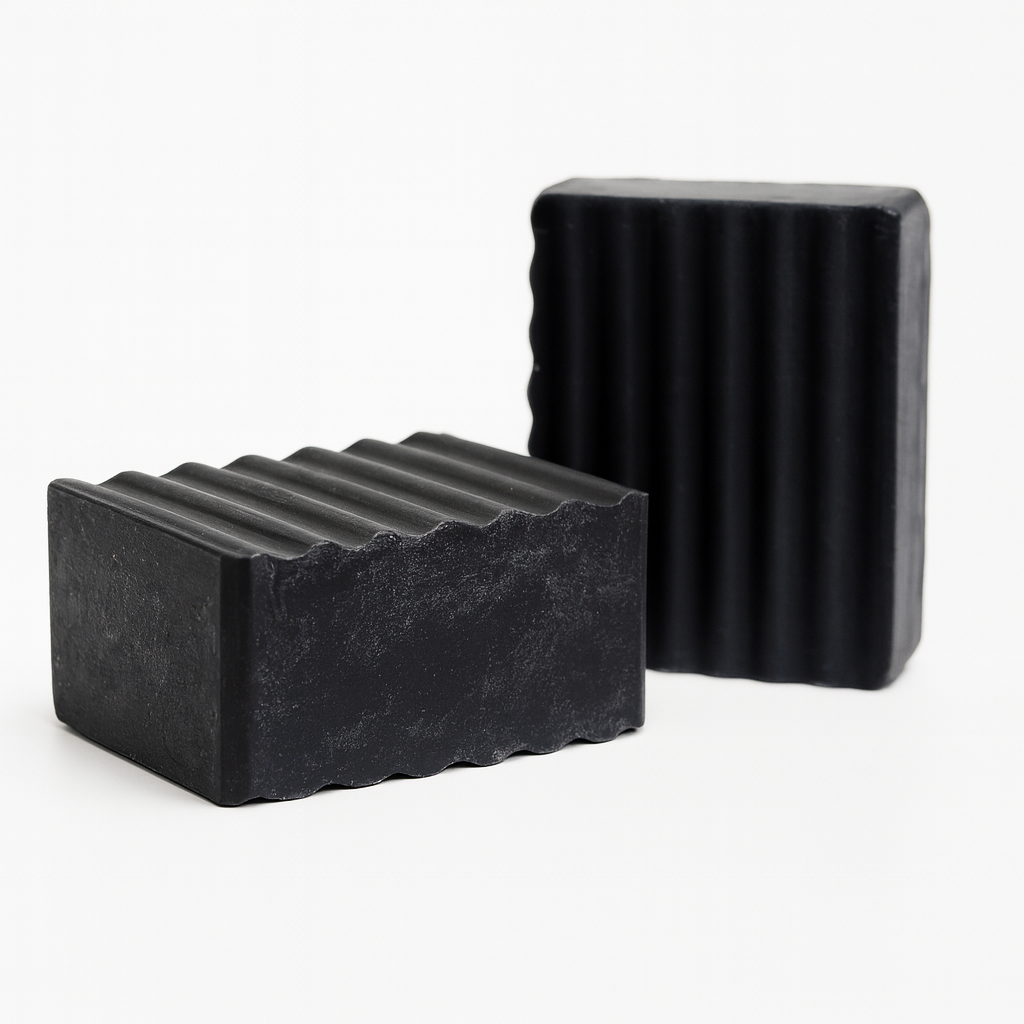 Eco-friendly charcoal soap bar with ridged grip, fragrance-free